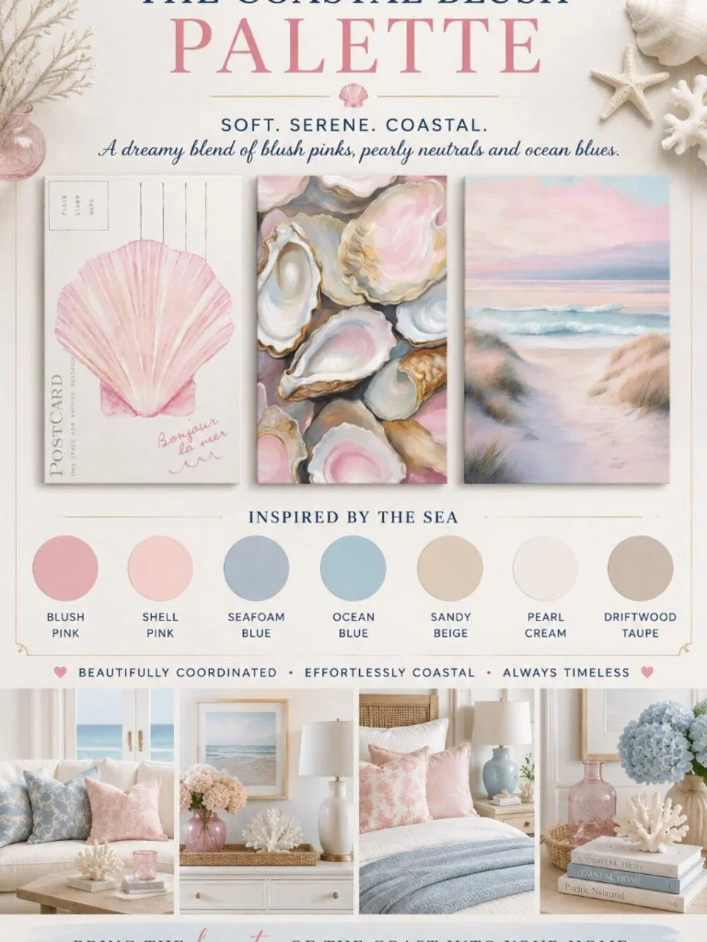 Set of 3 Coastal Wall Art Canvas Prints Pink Seashell Oyster Beach 24x16